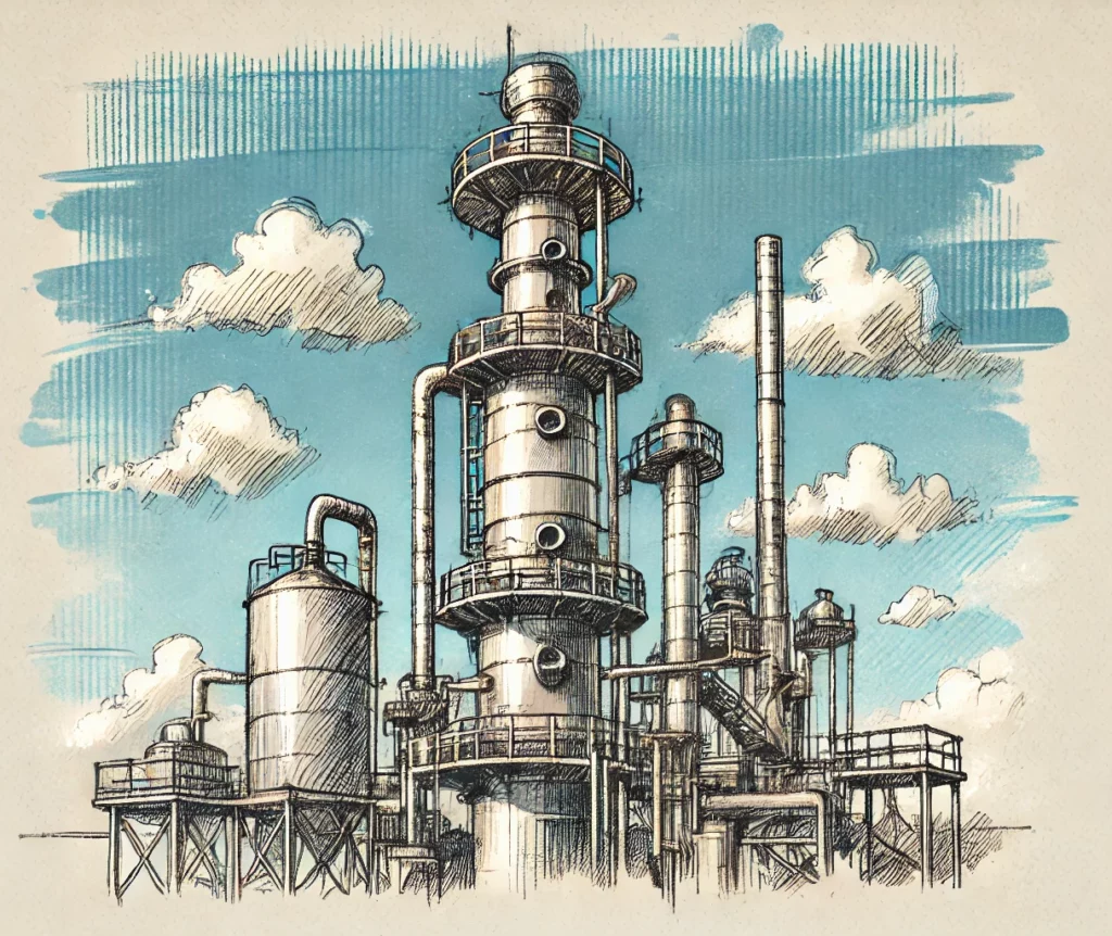 Illustration dessinée à la main d'une colonne de distillation industrielle